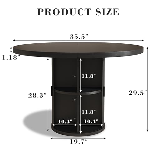 35.5'' Round Pedestal Dining Table, 2-4 Modern Fluted Dining Room Kitchen Table with Storage Shelf, Wood Base Dinner Tables for Kitchen, Breakfast Nook, Small Space, Living Room(Black) by Vipbear - Image 2