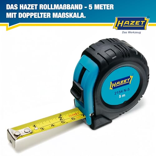 HAZET Maßband 2154N-5, 5 Meter, reduziertes Abknickverhalten und widerstandsfähige Beschichtung, automatisches Einziehen durch Qualitätsfeder und doppelte Bandmaß Beschriftung