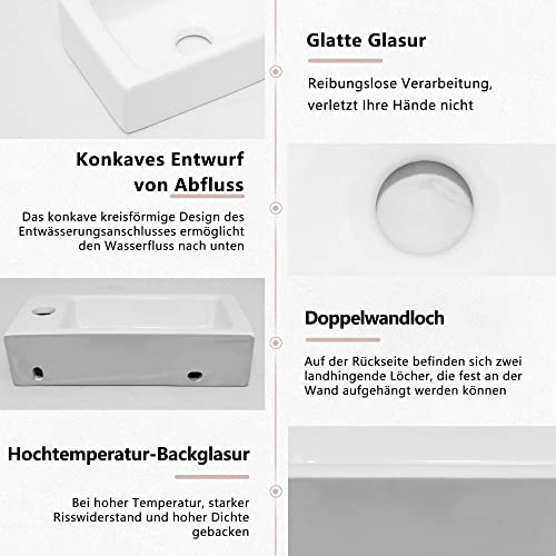 OUUTMEE aufsatzbecken klein Hänge- oder Aufsatz Waschbecken Gäste WC Weiß 370x 185x 90mm