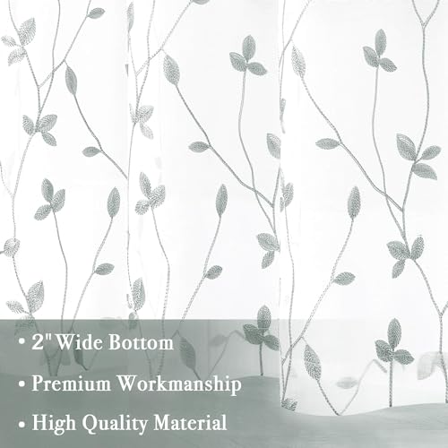 WUBODTI Grey Leaf Embroidered Sheer Curtain 63 Inch Length 2 Panels for Small Windows, Rod Pocket Grey and White Light Filtering Faux Linen Leaves Patterned Curtains for Bedroom Living Room - image 4