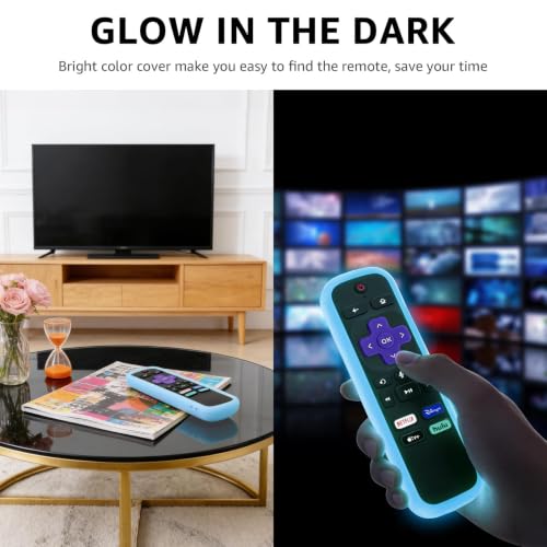 Image of 2 Pack Remote Cover for Roku, Battery Cover for TCL Roku Smart TV Steaming Stick Remote, Silicone Remote Case for Roku Universal Protective Controller Sleeve Skin Glow in The Dark Pink Blue