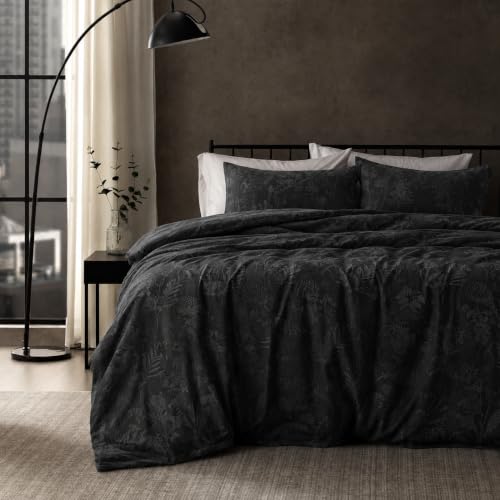 SLEEP ZONE Boho Duvet Cover Set Queen Size, Jacquard Leaf 3 Pieces Luxury Soft Breathable Duvet Cover with 2 Pillow Shams, Bedding Set for All Season, 90" × 90", Black by SLEEP ZONE - Image 2