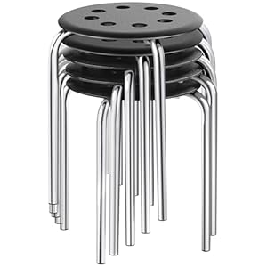 Yaheetech Plastic Stacking Stools Flexible Seating 17.3in Portable Backless Stools Round Top Metal Frame for Home Garden Kitchen Silver Set of 5