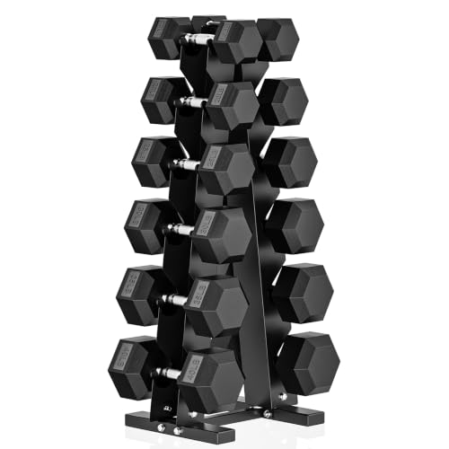 Image of PAPABABE 150-600lb Dumbbell Set with Rack, Rubber Encased Home Gym | Antiroll Durable Cast Iron Core Odorless PVC Free Weights, with 5 /6 Tier Rack