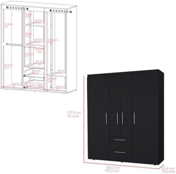 Pemberly Row Modern Armoire, Engineered Wood, Black Finish, 18.6" W x 15.5" D x 15.3" H, Includes Drawers, Clothing Rods, Shelves, Sleek Contemporary Design for Bedroom Storage