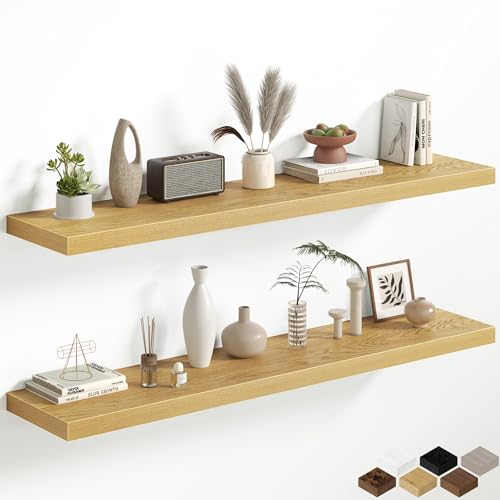 Oak Floating Shelves for Wall, 55 Inch Floating Shelves Set of 2, Wall Mounted Rustic Wood Shelf for Bathroom, Living Room, Bedroom and Kitchen, Hanging Shelf for Storage, Books, Home Decor