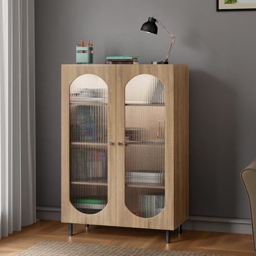 Image of Rocco Stellar Bookshelf with Auto LED Lights & Acrylic Fluted Doors | Engineered Wood Bookcase | Adjustable Shelves, Scratch-Resistant | Living Room, Library & Office (Oak, Tall Size)