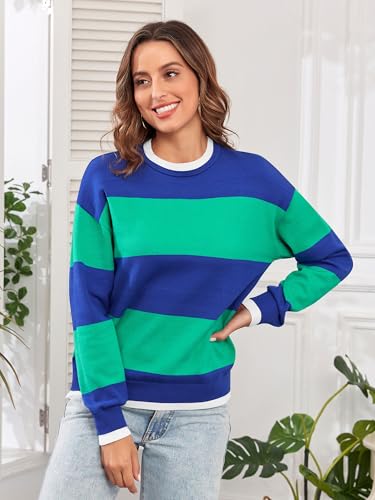 ZAFUL Women's Crewneck Sweaters Striped Colorblock Casual Pullover 2024 Fall Ribbed Knit Tops2