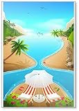 Paradise Lagoon Beach sur île tropicale. Aimant de réfrigérateur avec deux chaises de salon, des cocktails et un parasol