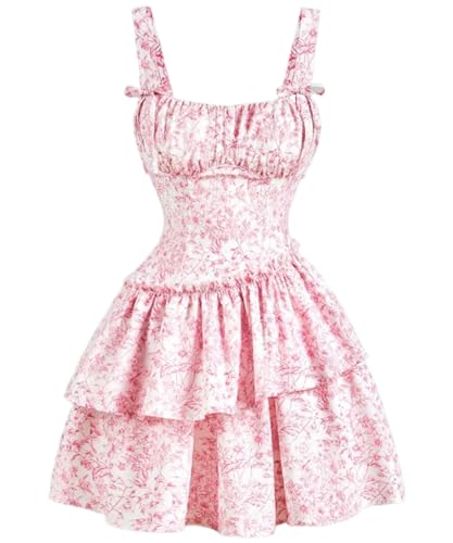 Narecte Womens Summer Dresses Floral Casual Mini Dresses for Women A Line Sun Dress Cute Ruffle Dress Pink XS