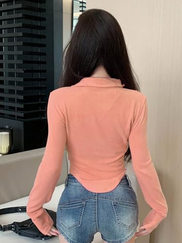 Image of Istyle Can Women's Top Solid Long Sleeve Ribbed Asymmetric Hem Casual T-Shirt with Zipper Collar. Full Sleeve, Rib Knit, Plain, Slim Fit