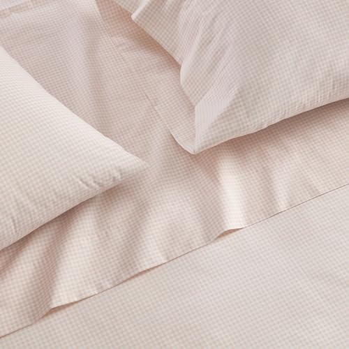 Image of Martha Stewart - Queen Size Sheets Set, Crisp & Tailored Cooling Sheets w /a Naturally Smooth Cotton Percale Lightweight Feel - Bed Sheets with Matching Pillowcases & Fitted Sheet (Small Gingham Pink)
