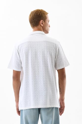 Image of SNITCH Men Casual Shirt | Regular Fit Half Sleeve Cuban Collar Textured Pattern with Embellished Sequins | 100% Viscose & Breathable Fabric for Everyday Wear