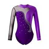 Maillot Gimnasia Ritmica Niños Niñas de manga larga brillante Diamante de imitación contraste de Color Leotardos de baile de Ballet adolescentes monos de gimnasia ropa de rendimiento(Purple,4)