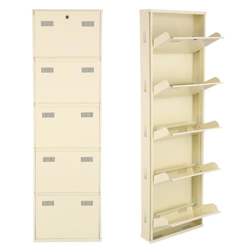 Image of Metal Shoe Rack Wall Mounted for Home with Central Locking | 5 Door 20 inch Wall Mounted Metal 10 Pair Shoe Rack Cabinet | Pre-Assembled Rack Shelves | 3 Year Warranty (Ivory)