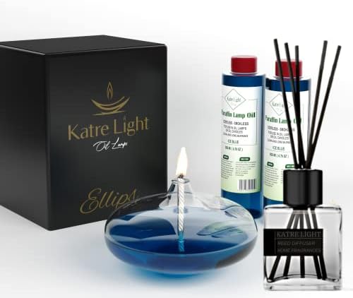 KatreLight Handmade Oil Lamps, Candle Gifts for Women, Decorative Lamp for Home Decor, House Warming Gifts New Home, Refillable Glass Lantern, Wedding Candels for Tables, Gift Set (Ellips, Ice Blue)