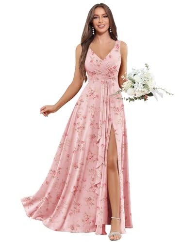 Long Chiffon Bridesmaid Dresses with Pockets V-Neck Aline Ruffles Pleated Formal Evening Gowns with Slit