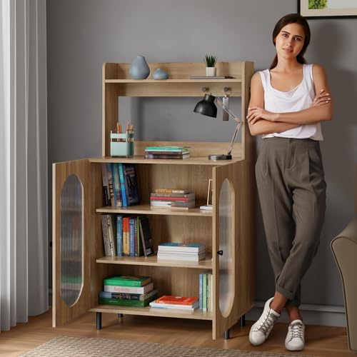 Image of Rocco Stellar Bookshelf with Upper Shelf, Auto LED Lights & Acrylic Doors | Engineered Wood Bookcase | Adjustable Shelves, Scratch-Resistant | Living Room, Library & Office (Oak, Medium Size)