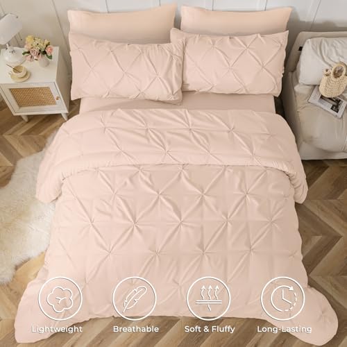 Image of Sasttie California King Comforter Set, 7-Piece Bed in a Bag, Pintuck Bedding Sets for All Season, Includes Comforter, Flat Sheet, Fitted Sheet, Pillowcases and Pillowshams, Blush Pink