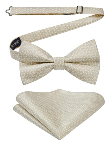 Enlision Fliege Beige Herren Anzug Fliegen mit Einstecktuch Set Hochzeit Formelle Herrenfliege Vorgebunden Verstellbare Smoking Schleife und Taschentuch für Männer