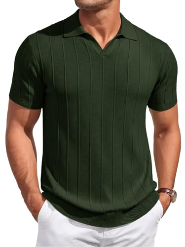 Runcati Męska koszulka polo, na lato, z krótkim rękawem, dzianina, jednokolorowa, z zapięciem na guziki, krój slim fit, koszulka golfowa, casualowa, basic, wojskowa zieleń, L