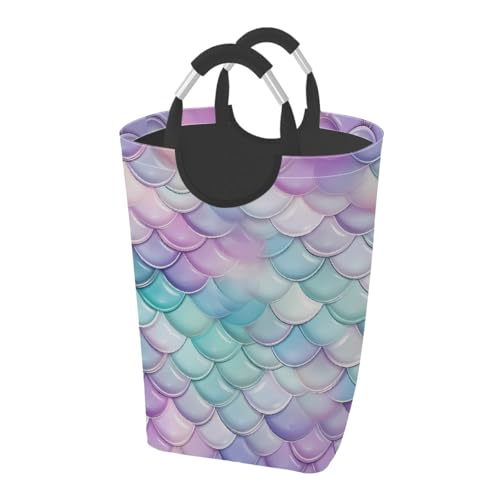 Mexpekil Cesta de lavandería rosa y azul con patrón de escamas de sirena, bolsas de lavandería plegables, cestas de lavado con asas para baño, dormitorio, guardería, camping, viajes