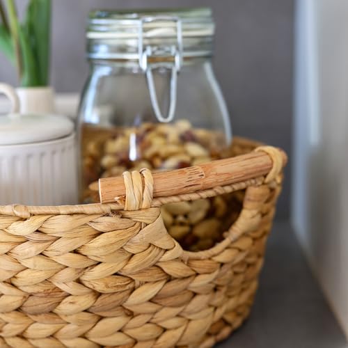 HMF Aufbewahrungskorb rund, Geschenkkorb leer geflochten aus Wasserhyazinthe mit Holzgriffen | 30 x 12 cm