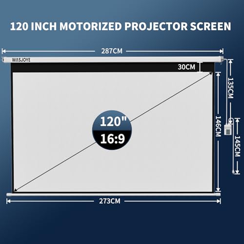WASJOYE 120 Leinwand Beamer Elektrisch Diagonale Automatische Projektion 16:9 8K HD Filme Schirm für Heimkino Büro Videospiel Outdoor Indoor, Projector Screen W/Fernbedienung und Wand/Decke Mount