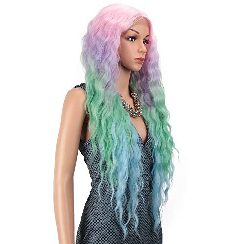 Joedir Lace Front Wigs 30'' Long Wavy Synthetic Wigs For Black Women 130% Density Ombre Rainbow Wigs With Baby Hair(Qt Pkbl07) #TOP2