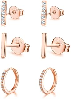925 Sterling Silver Bar Earrings|Hoop Earrings,Bar Studs & Small Hoop Earrings with AAA+ Cubic Zirconia, 3 Pairs Hypoallergenic Earrings for Women Men Girls(7.5/7.5/ 8mm)