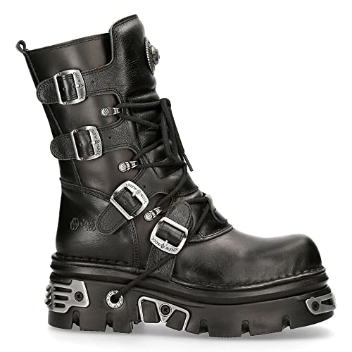 New Rock 373-S4 Metallic Black Leather Women's Gothic Mid Calf Punk Goth Boots with Lace up and Buckle Fastening2
