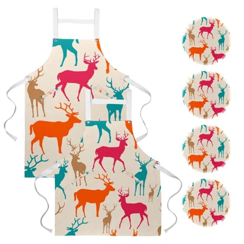 Lot de 2 tabliers de cuisine avec 4 broches motif cerfs colorés