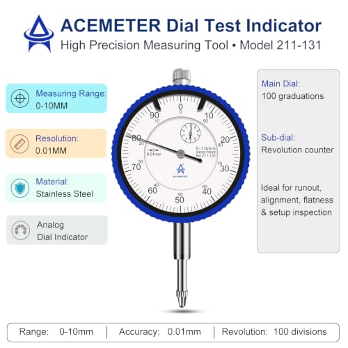 ACEMETER Jauge de cadran de 0 à 10 mm, 0,01 mm, jauge de cadran de haute précision, jauge de cadran industriel, jauge métrique, outil d'instrument de haute précision – vue 2