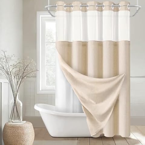 Awellife No Hooks Needed Linen Textured Shower Curtain with Snap in Liner Set Less Time, Hotel Beige Shower Curtain for Bathroom with Mesh Top Window, 75" L x 72" W Cover