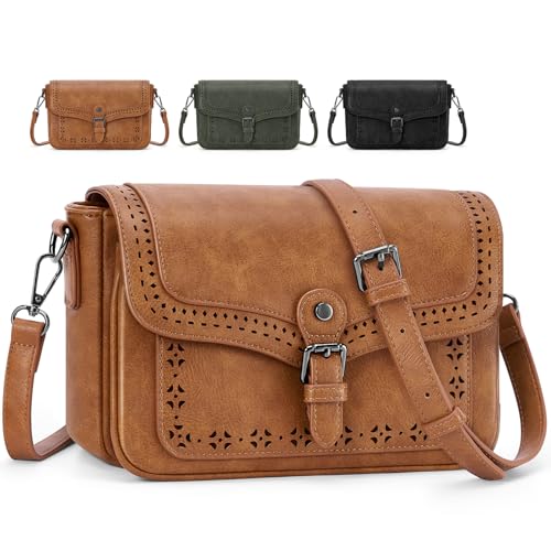 RAINSMORE Crossbody Bags for Women Openwork Ladies Cross Body Handbag Shoulder Bag Satchel Bag Vintage Casual Bag PU Leather for Daily Shopping Work