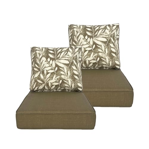 HDZNVF Deep Seat Cushion 23.5x25 2 Set (4 Pcs) for Outdoor Furniture, Water Repellent Fade Resistant Patio Cushions for Sofa, Chair, Lounge, Polyester Tan Leaves/Floral