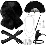 8 Pcs 1920s Flapper Costume Accessories Set Headband Earrings Gloves Feather Fan Faux Fur Shawl Holder Pearl Necklace Bracelet(White, Black, Elegant Style)