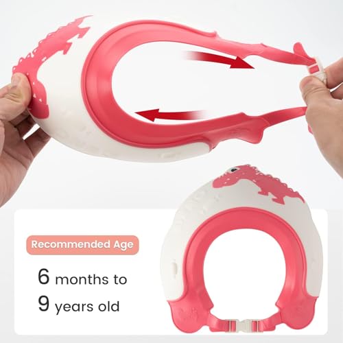 Image of FUNUPUP Baby Shower Cap for Kids, Baby Bath Shampoo Visor Cap Hair Washing Shield Adjustable, Red Dinosaur
