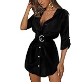 Carolilly - Vestido de algodón y lino con media manga y cuello en V para mujer, vestido de verano, corto, elegante y con cinturón, mini vestido sexy, informal, para fiesta, club, cóctel, Negro , XXL