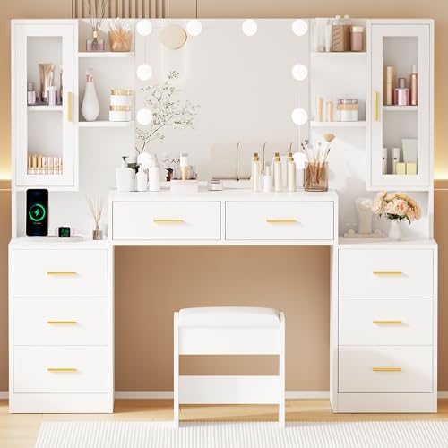 ANWBROAD 59.1' Large Vanity Desk with Mirror & Lights White Makeup Vanity Set with Power Outlet and...