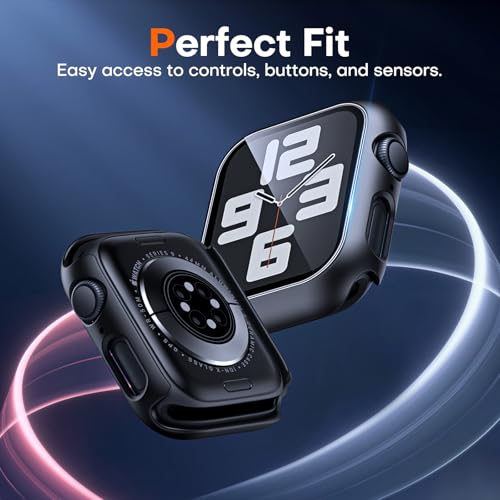 Image of TAURI 2 Pack Hard Case Designed for Apple Watch Series SE 6 5 4 44mm [Full Protection], with 9H Tempered Glass Screen Protector [Touch Sensitive] Slim Bumper Protective Cover 44mm, Black