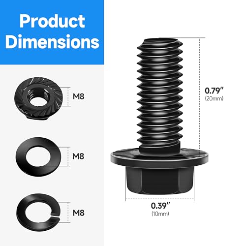 Image of (10Sets) M8 Bolt x 20mm Flanged Hex Head Bolts, External Flange Hex Drive M8 Screws, Class 10.9 Black Zinc Plated Alloy Steel Metric M8x1.25 Bolts Kit