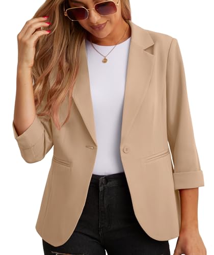 Image of GRECERELLE Womens Blazers Casual 3/4 Sleeves Jackets Suiting & Blazers Notched Lapel Solid Elegant Coat Work Office Formal Top Outerwear with Pockets Buttons for Women UK (A03 Apricot, 14)