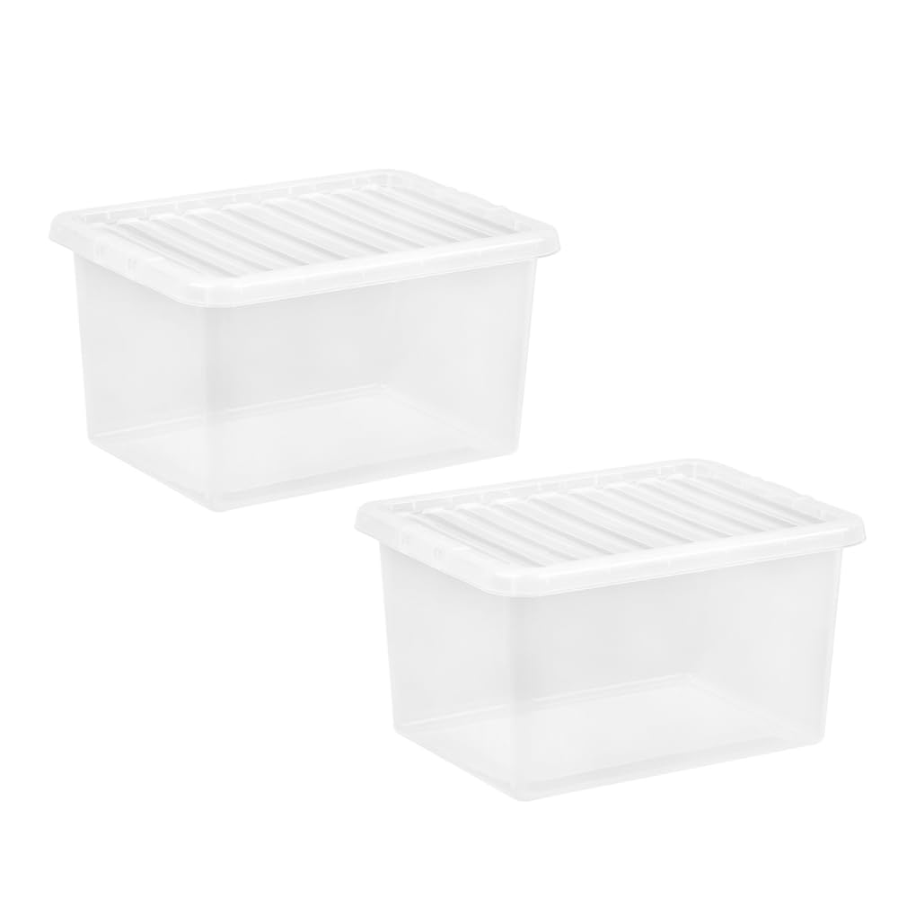 M1SS (Set of 2-24L/25L Clear Plastic Storage Boxes with Lids | Transparent Stackable & Nestable Storage Container for Home & Office | Made in U.K