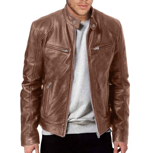 Image of Brown Leather Jacket Mens Full Zip Slim Fit Biker Motorcycle Racer Jacket Vintage Faux Leather Bomber Aviator Jackets with Pockets Fleece Lined Winter Autumn Retro Solid Military Style PU Wax Coat XL