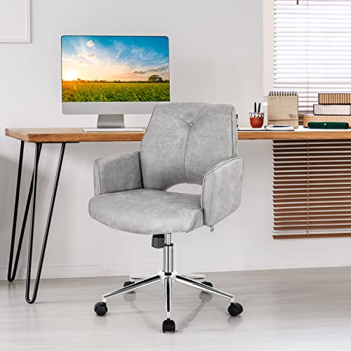 Costway Ergonomic Home Office Chair, Height-Adjustable Faux Leather Computer Desk Chair W/Rolling Casters & Armrests, Upholstered Mid-Back Swivel Accent Chair For Home, Office, Study, Grey #TOP1