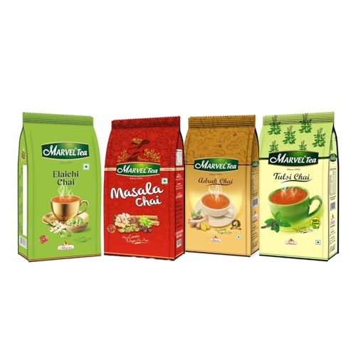 Image of Marvel Tea Gift Pack Combo of 4 Flavour (Elaichi, Masala, Adrak & Tulsi Tea Packs - 250g Each Loose Tea) Strong, Kadak CTC, Handpicked Chai from Assam & Darjeeling, Refreshing & Rich Taste