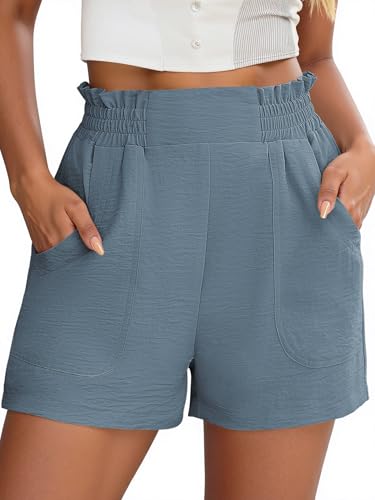 NILOINE Elastic Waist Shorts for Women Summer Casual High Waist Wide Leg Beach Shorts Fashion Outfits(1-Light Blue,Large)