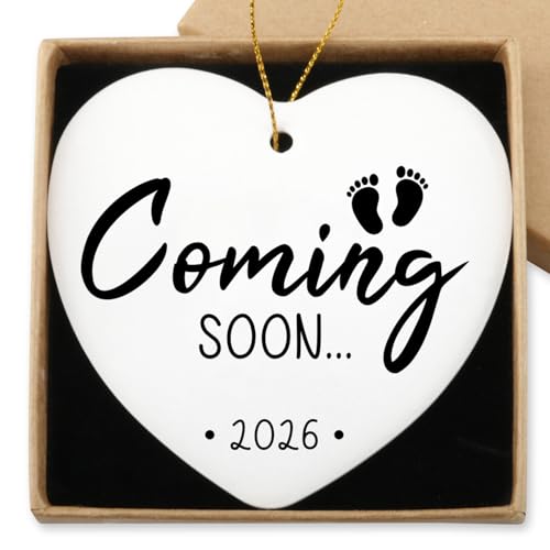Coming Soon 2026 Baby Announcement Hanging Ornament Gender Reveal Best Gifts for Expectant Mom Dad Pregnancy Announcement for Grandma Grandpa Christmas Tree Ceramic Heart Keepsake