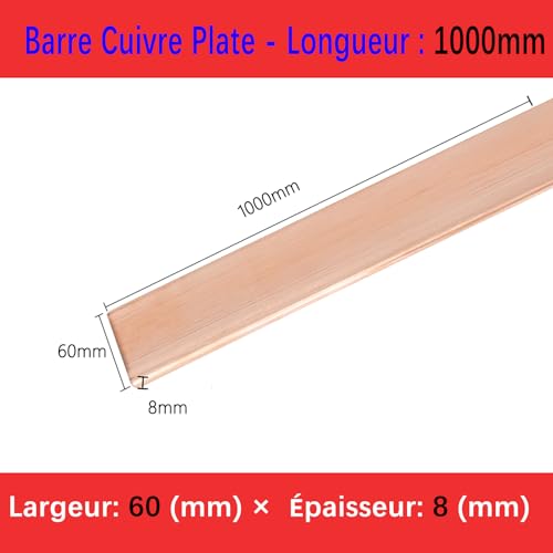 Coavoo Flachleiste aus Kupfer, 8 mm x 60 mm x 1000 mm, 1 Stück T2, reines Kupfer, flach, Kupferblech, Flachleiste aus Metall, 8 mm dick, 60 mm breit